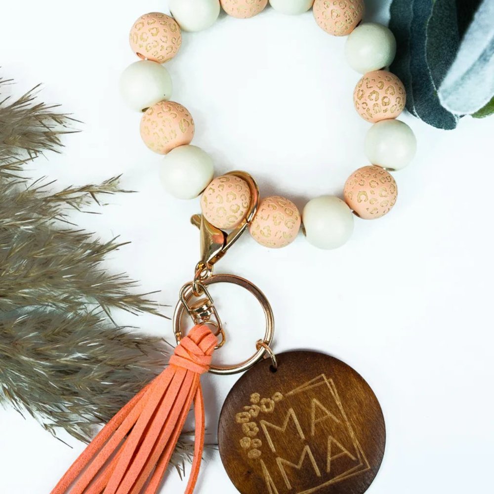 'Mama' Wood Charm Bracelet Keyring in Peach